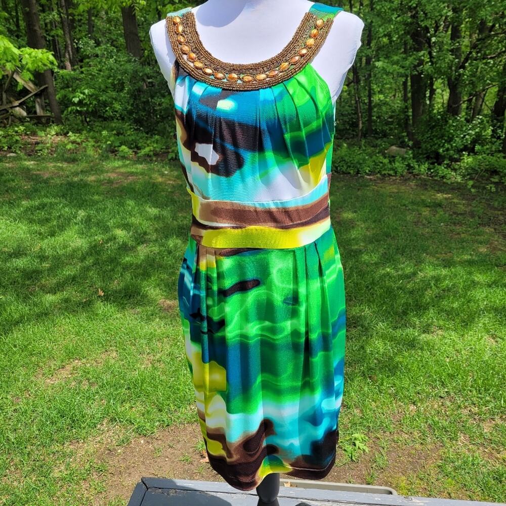 Bisou Bisou Blue & Green Watercolor Dress w/ Copper Embellished Neckline size 14 - Picture 10 of 12